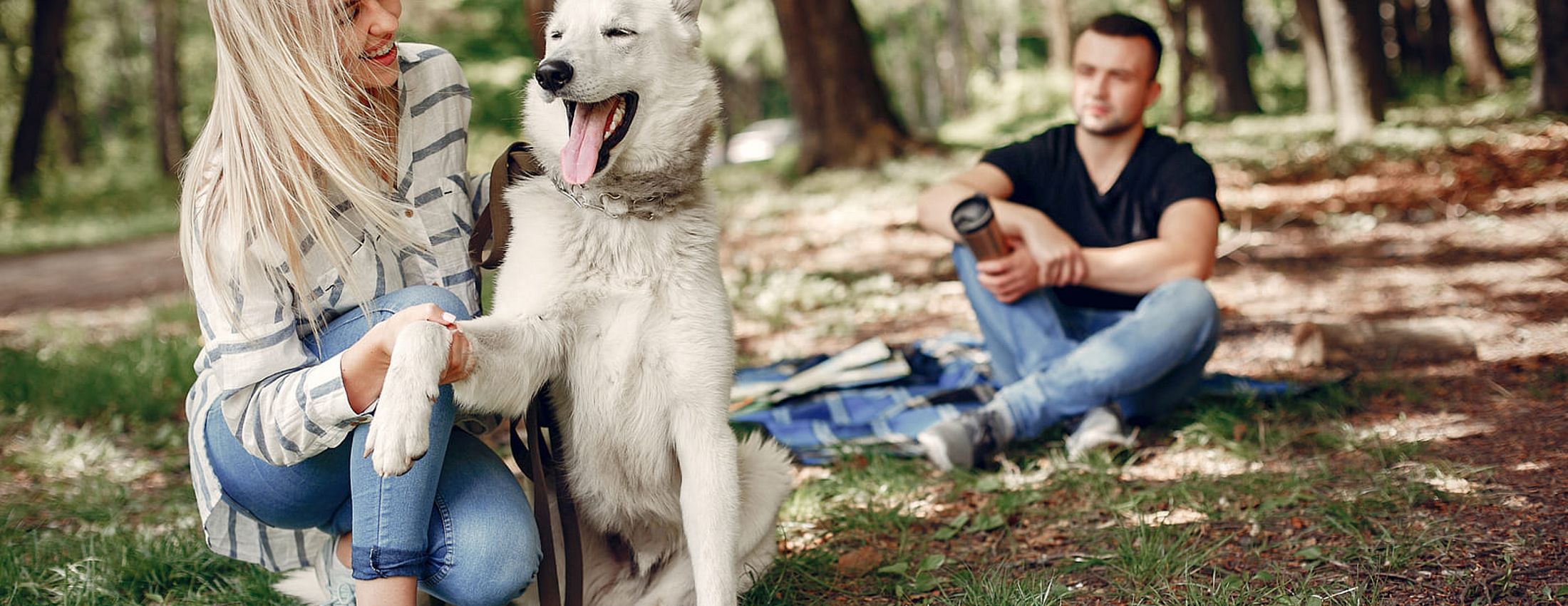Frau gibt weißem Hund die Pfote, Mann sitzt dahinter im Park mit Thermobecher